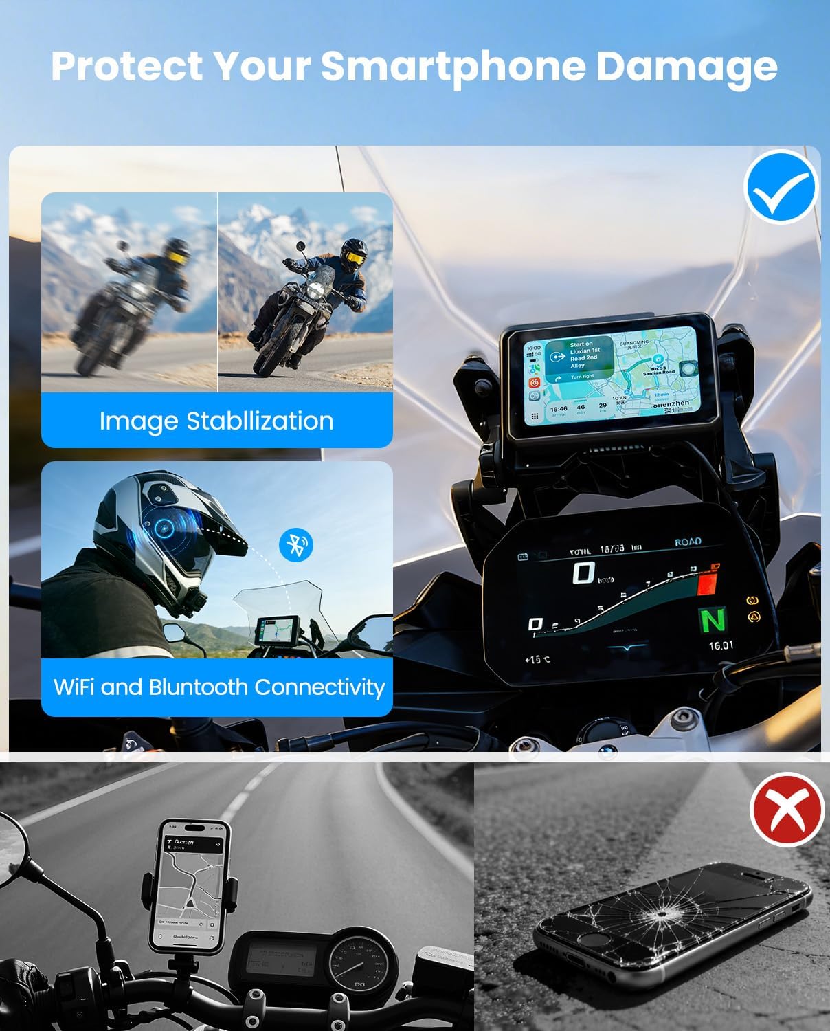 WonVon 5 Inch Motorcycle Carplay for BMW GPS Navigation System with Apple Carplay and Android Auto Portable Screen with Dual Bluetooth, Navigation, Siri, Google Assistant