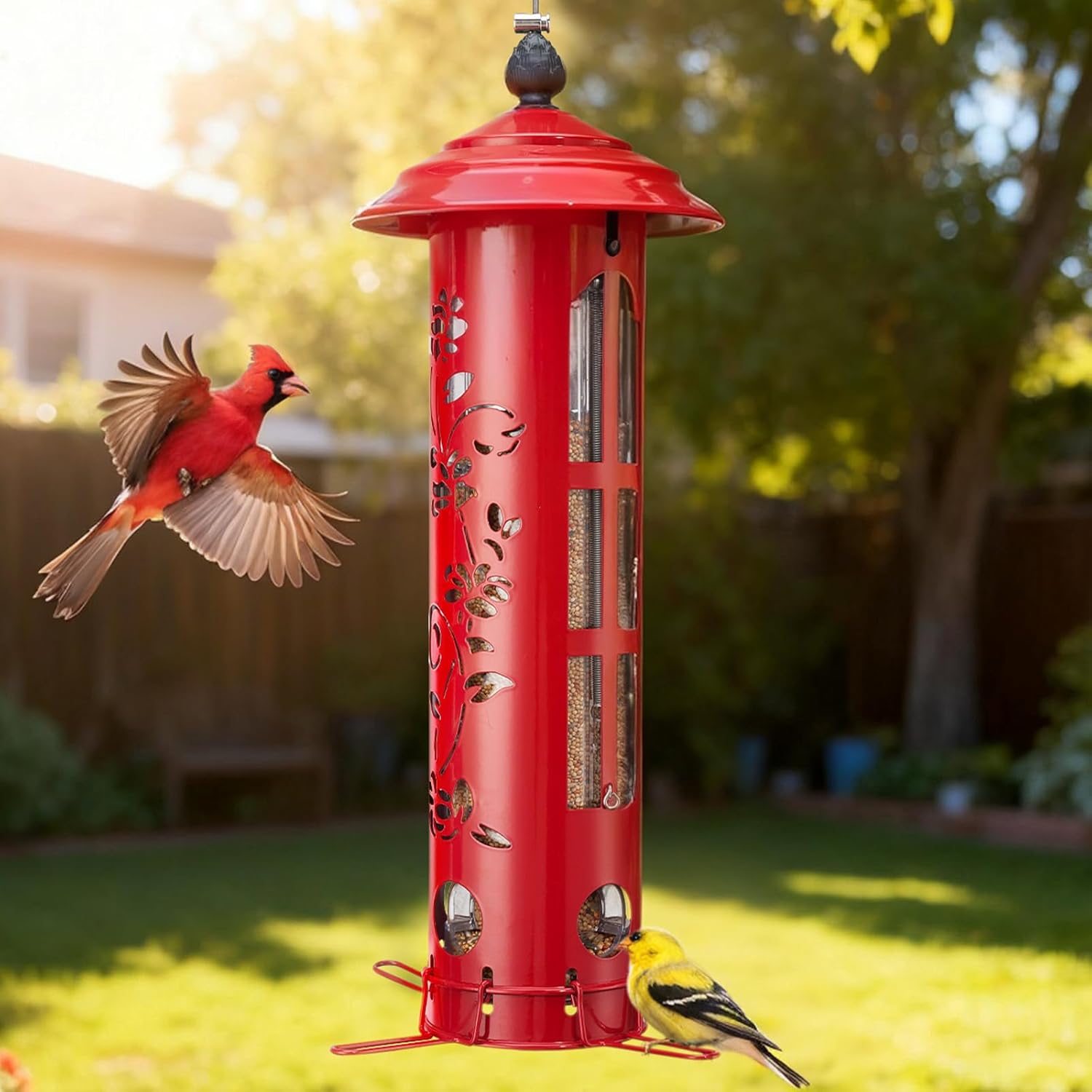 Veehoo Squirrel Proof Bird Feeder for Outdoors, Hanging Wild Bird Feeder Anti Squirrel with Weight-Activated Perches, Metal Cardinal Finch Feeder Outside Decorative for Thistle and Mixed Seed, Red