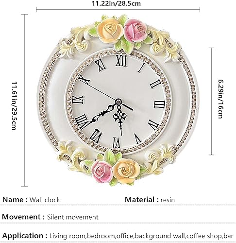 Miniatura 8 de Reloj de pared retro europeo para decoración de rosas, funciona con pilas, para sala de estar, restaurante mural, decoración de manualidades de