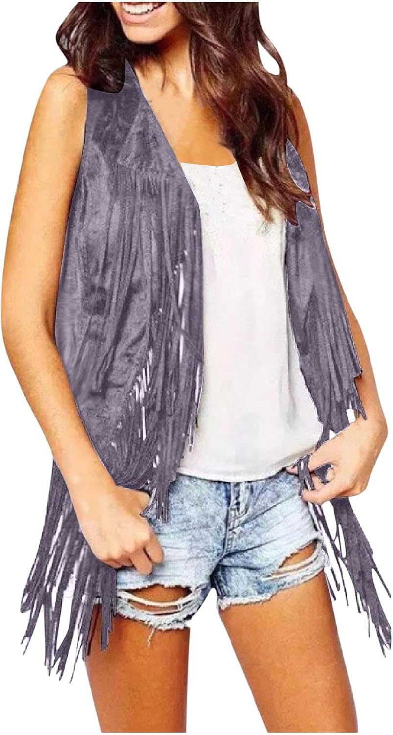 Womens Western Cowgirl Vest 70s Hippie Faux Suede Sleeveless Jacket Cardigan Open Front Boho Fringe Waistcoat