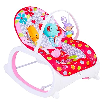 BabyMoo Infant to Toddler Polka Dotted Portable Rocker with Hanging Toys Red & Pink