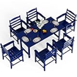 7-Piece Outdoor Patio Dining Set, HDPE All-Weather Rectangular Table with Umbrella Hole & 6 Patio Dining Chairs, Durable Patio Furniture for Backyard, Garden, Pool (Navy Blue, 7 Piece)