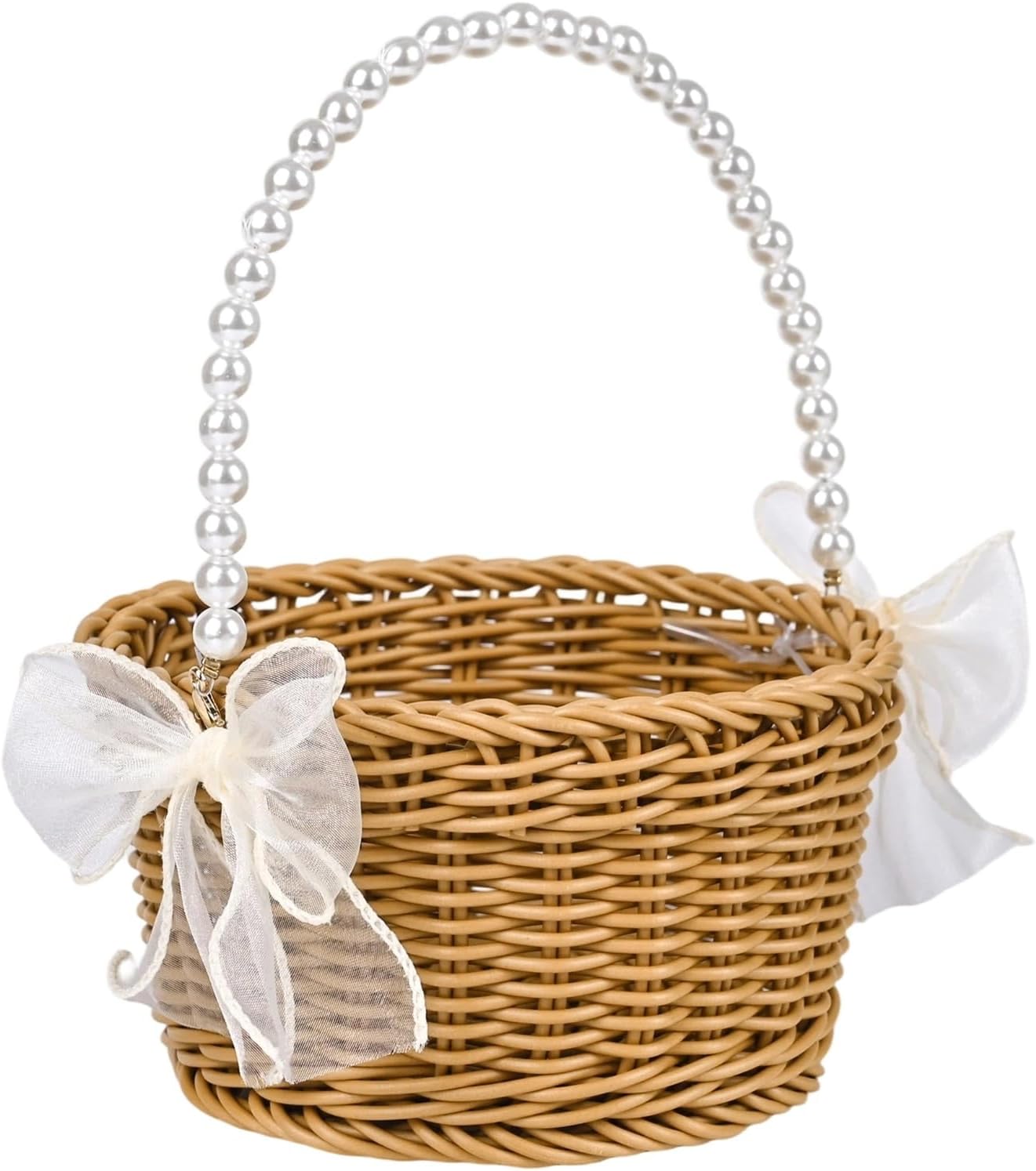 Wicker Rattan Flower Girl Basket with Pearl Handle and Bow for Rustic Weddings, Easter, or Garden Storage