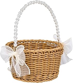 Wicker Rattan Flower Girl Basket with Pearl Handle and Bow for Rustic Weddings, Easter, or Garden Storage
