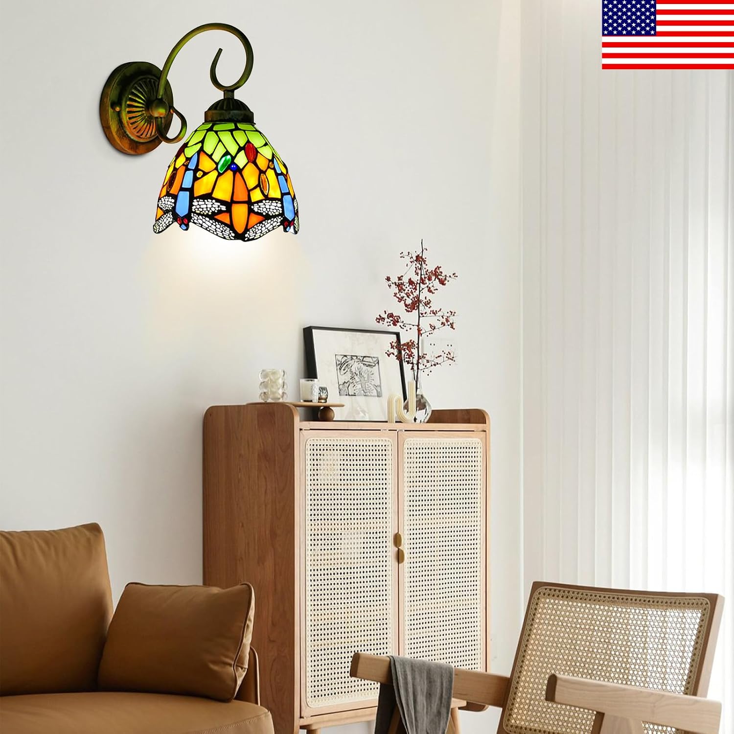 Wall Sconce Bedside Wall Mount Lamp 1-Light Dragonfly Stained Glass Shade Wall Light for Bedroom Hallway Stairway Balcony