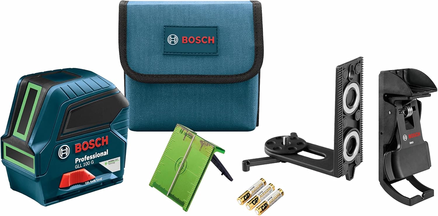Bosch GLL100 Self Leveling Cross Line Laser Level [100 FT] Horizontal & Vertical Mode Electronic Laser Includes Batteries, Magnetic Mounts and Heavy-Duty Pouch Green - - 