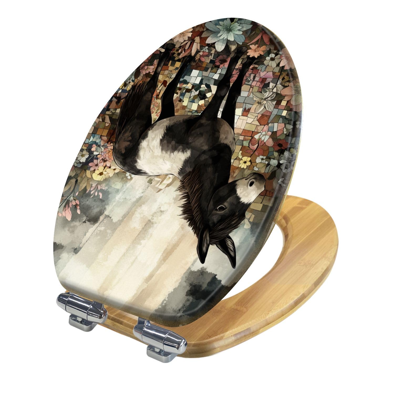 Sedile WC Allungato Decorativo In Legno con Copriwater, Fantasia Floreale Acquerellata con Asinello Bianco E Nero, Facile Da Installare, Chiusura Silenziosa, Cerniere A Sgancio Rapido per L'