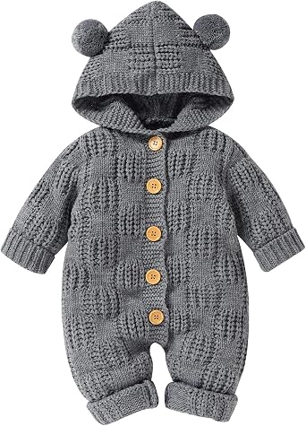 mimixiong Newborn Baby Knitted Romper Cartoon Bear Hooded Jumpsuit