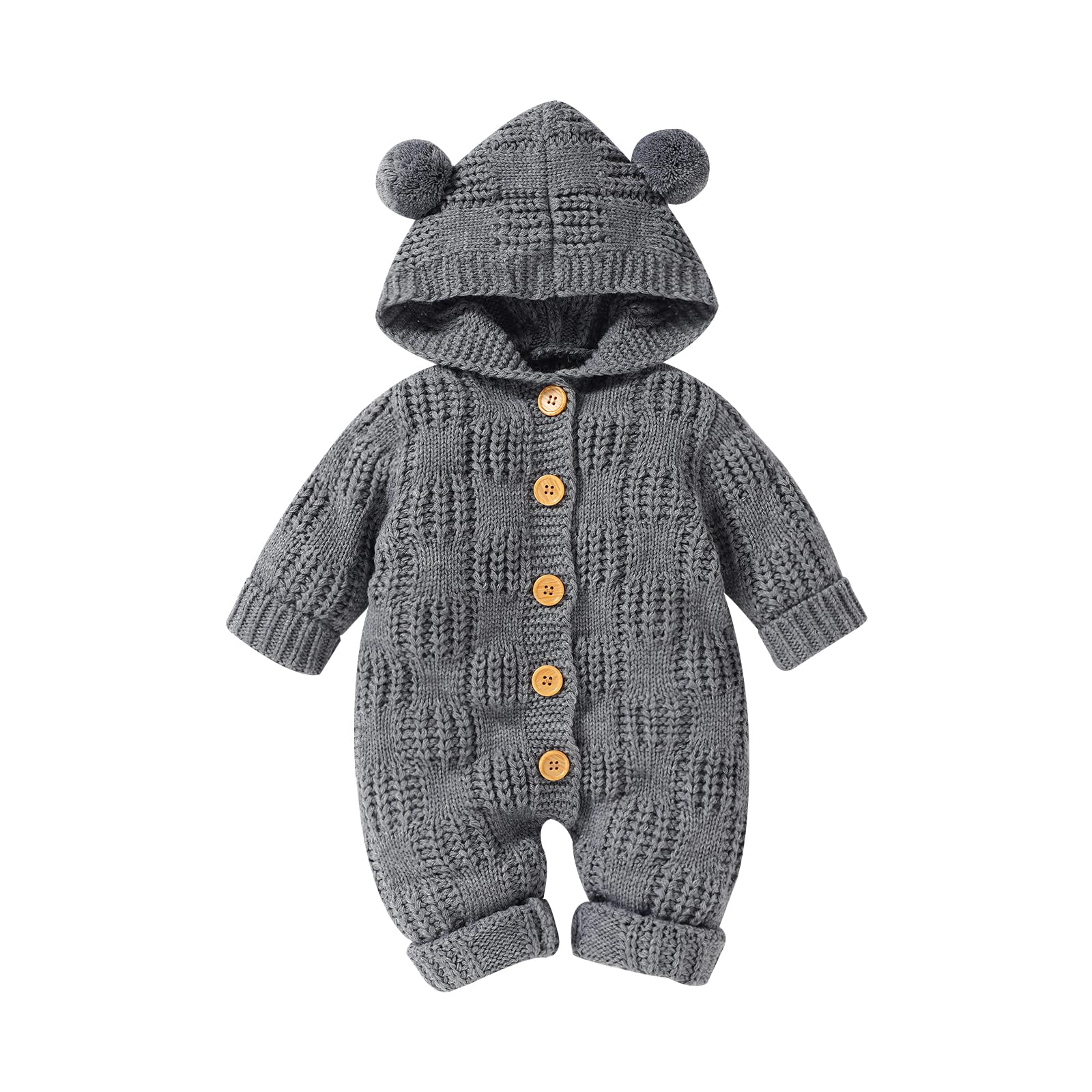mimixiong Newborn Baby Knitted Romper Cartoon Bear Hooded Jumpsuit Grey 6-12 Months