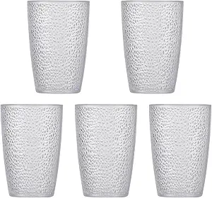Stackable Hammered Plastic Tumbler Acrylic Glasses, Set of 5, Unbreakable Premium Drinking Cups, Perfect for Her (clear, 12oz)