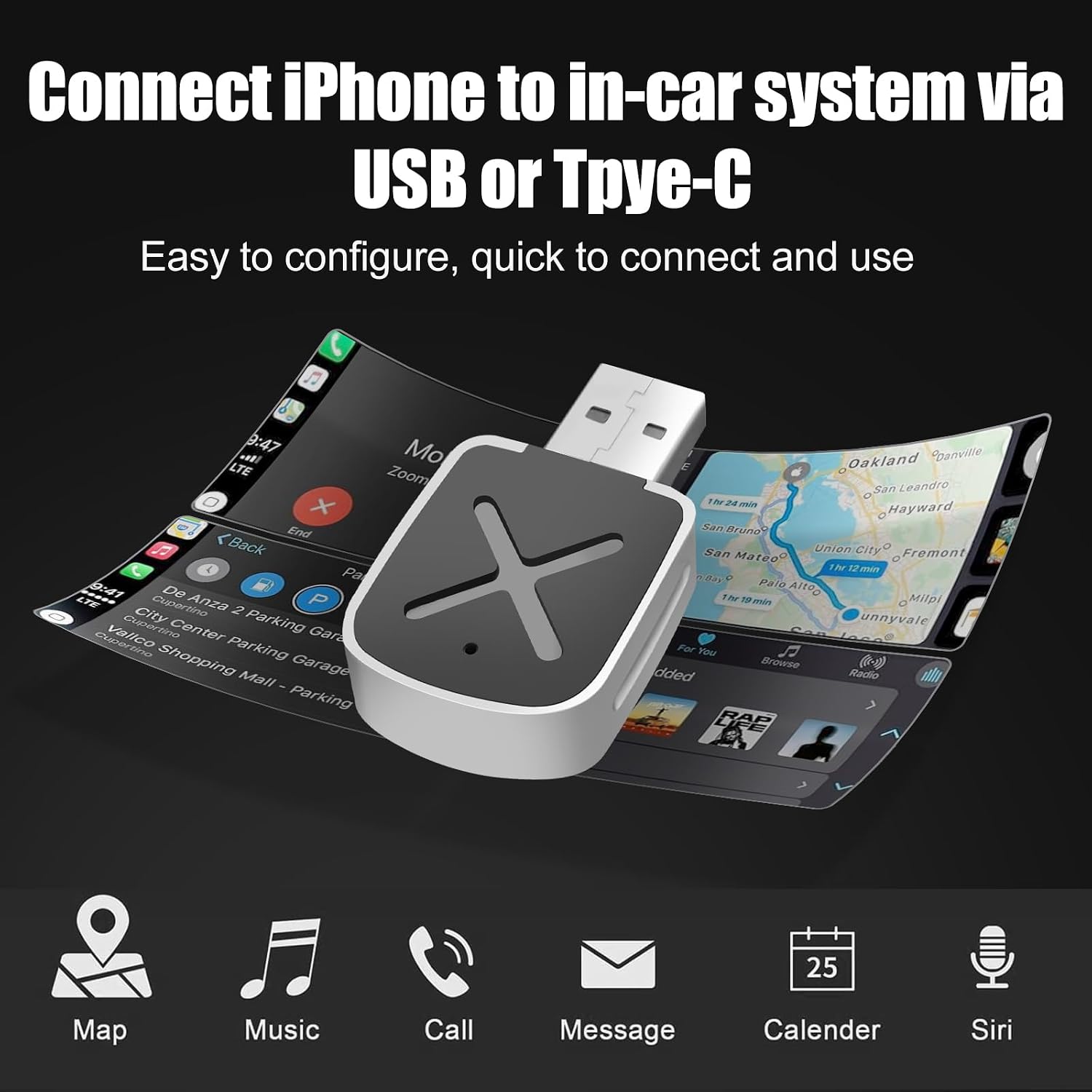 Adaptador Carplay Inalámbrico, Convertir Coche Pantalla Carplay con Cable a Carplay inalámbrico, USB Carplay Compatible con Coches a Partir de 2016 y Teléfonos iOS 10+ 4