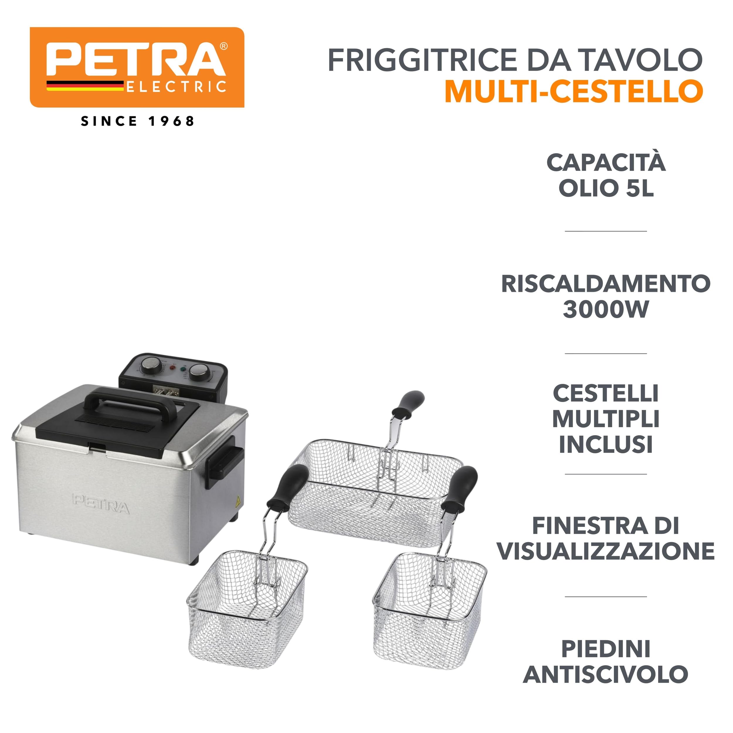 Friggitrice ad Olio Profondo Petra da 5L – Grande Cestello in Filo Metallico e 2 Piccoli Cestelli, Manico Staccabile, Temperatura Regolabile, Finestra di Visualizzazione, 3000W, PT6266VDE