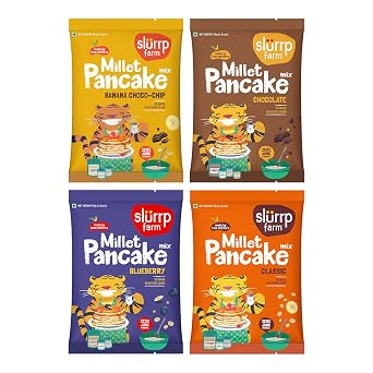 Slurrp Farm Millet Pancake Mix Trial Pack | 4 Flavors Banana Choco Chip, Chocolate, Blueberry, Classic | No Added Sugar or Salt | Healthy Kids Breakfast | 1.76 Oz Pack of 4