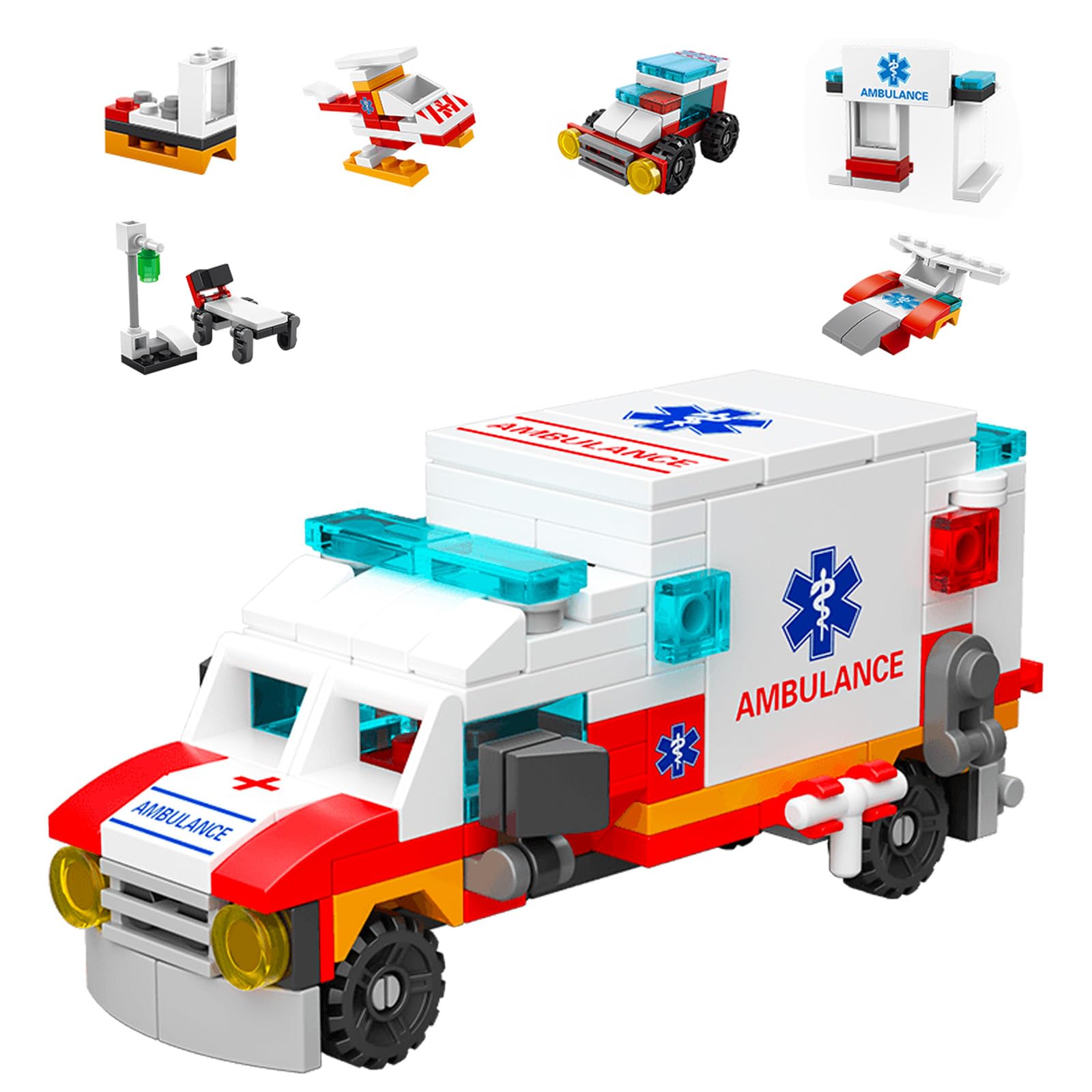 Ambulance Building Blocks Toy (122 Pieces)  7 in 1 Emergency Vehicle Set, STEM Learning Creative Play, DIY Construction Toy for Kids Ages 6-12, Gift for Boys & Girls