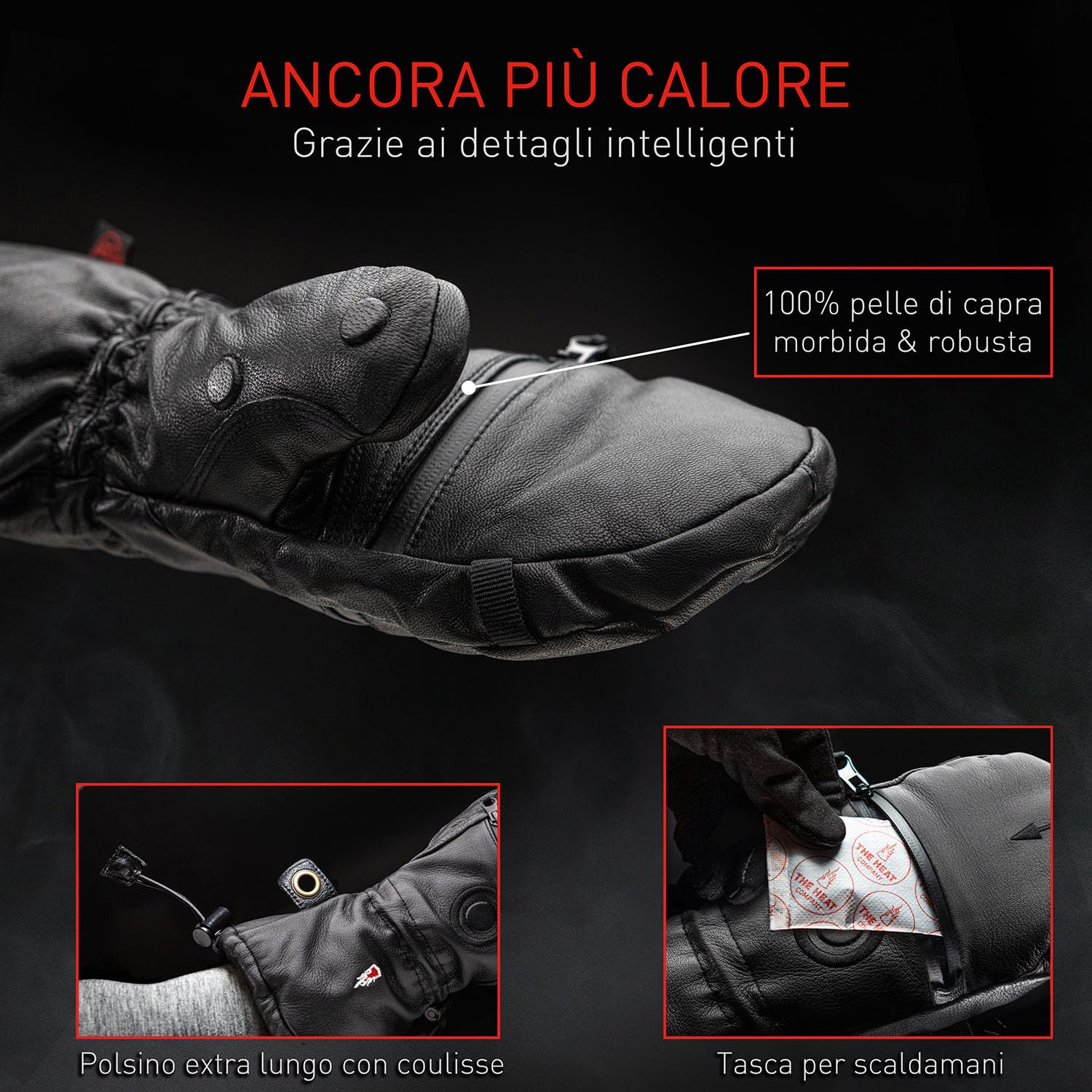 THE HEAT COMPANY Shell Full Leather muffole - L'innovazione dei guanti - Guanti pelle da ripiegare - Guanti invernali extra caldi - Guanti termici sci: uomo & donna - senza guanto interno