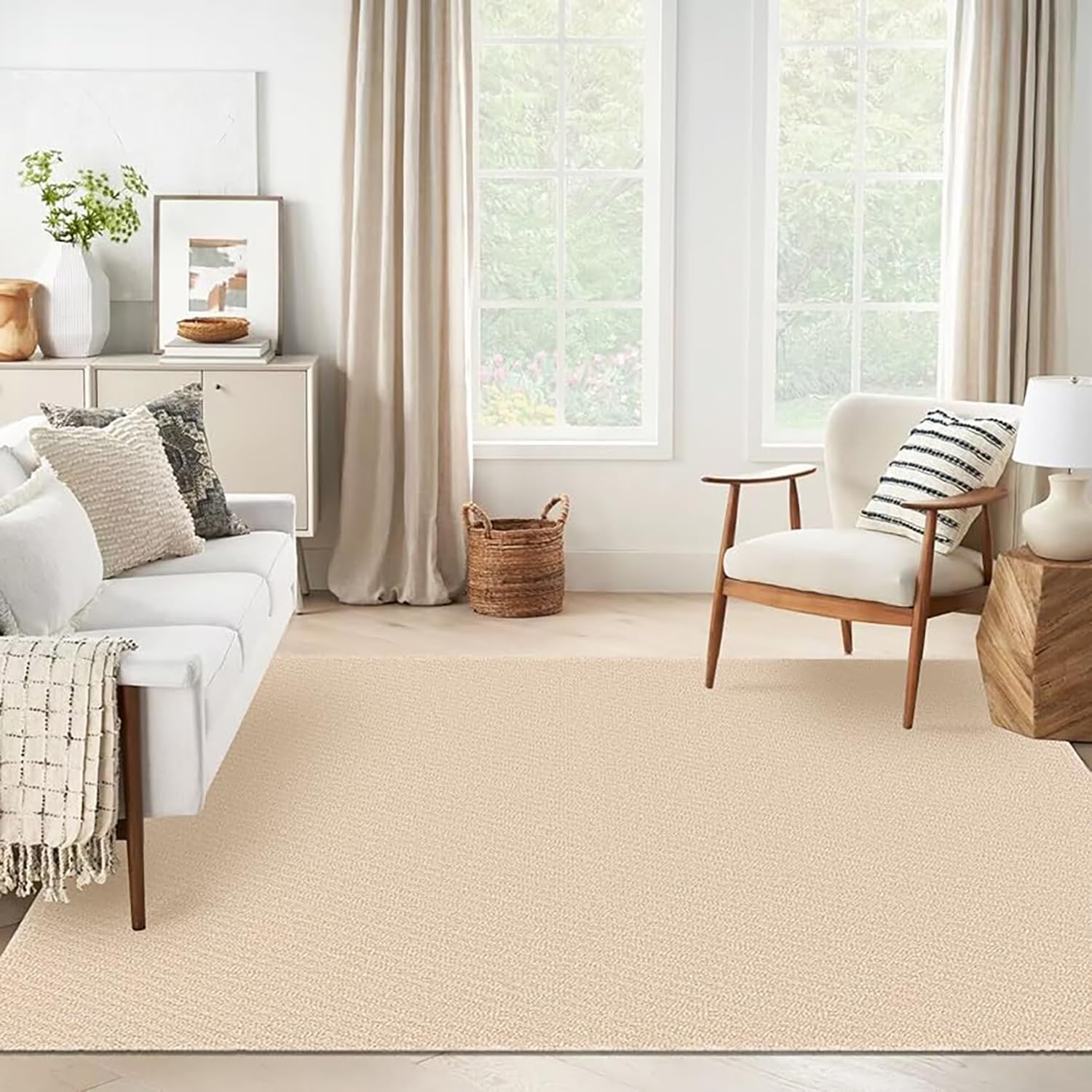 KOZYFLY Boho Rugs for Living Room 6X9 ft Washable Area Rug for Bedroom Rubber Backed Large Floor Carpet Peach Beige Braided Woven Cotton Area Rugs for Dining Room Bedroom Living Room 6' x 9' (72"x108") Peach Beige/White