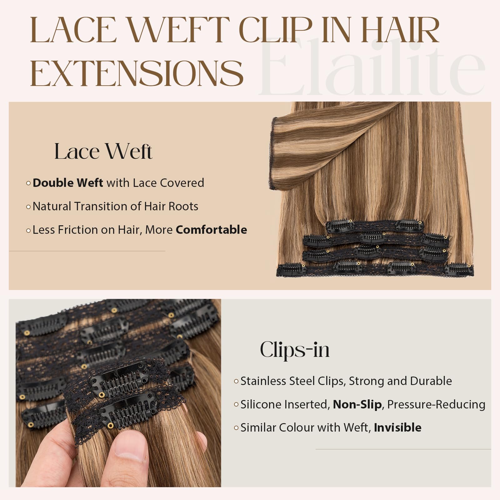 Elailite Clip in Hair Extensions Real Human Hair Double Weft Virgin Remy Hair Lace Weft 7 Pcs Full Head Straight - Image 2