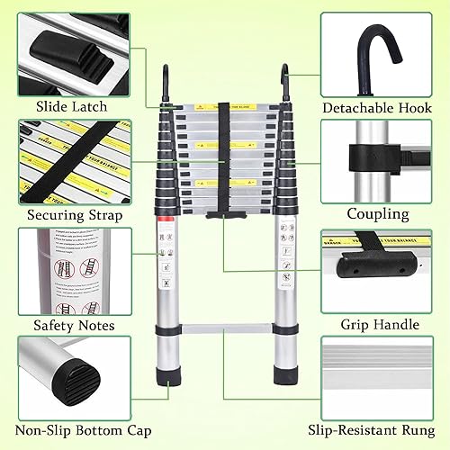 Miniatura 114 de Escalera telescópica de aluminio de 12.5 pies, escalera extensible con 2 ganchos desmontables, diseño de bloqueo de seguridad portátil y ligero