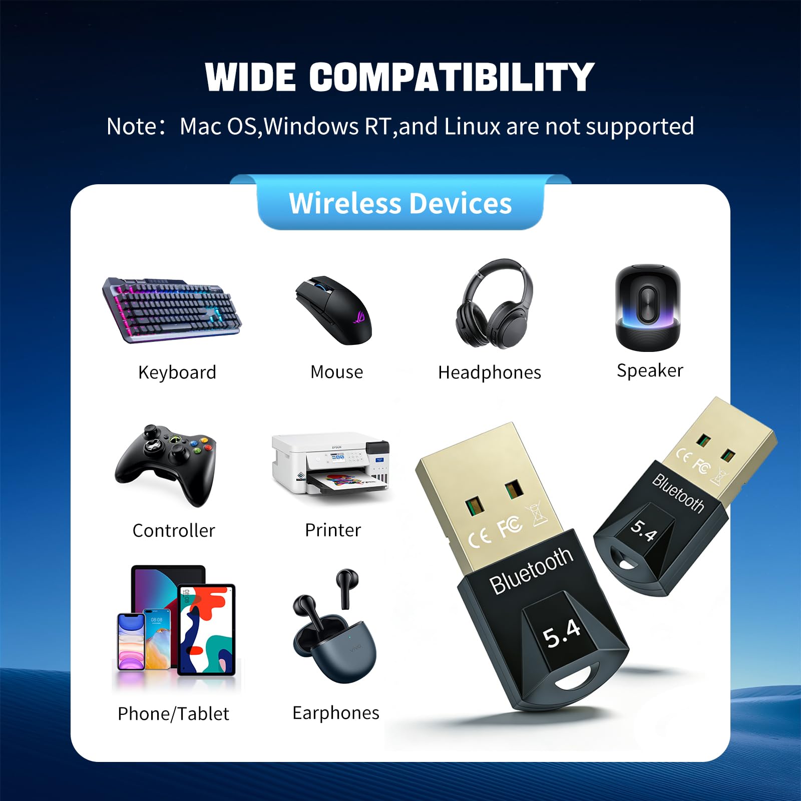 USB Bluetooth 5.4 Adapter, 1Pack Bluetooth Dongle Adapter for PC, Wireless Blootooth Receiver Stick for Desktop, Laptop, Headphone, Keyboard, Mouse, Controller, Support Windows 8.1/10/11,Plug and Play — view 3