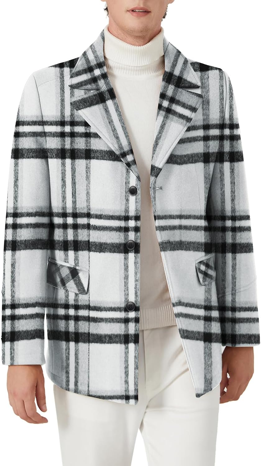 Monochrome Plaid Peacoat for Men's Winter Business Style