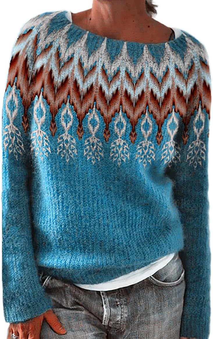 Women's Fair Isle Knit Pullover Sweater Oversized Casual Loose Crewneck Vintage Striped Long Sleeve Jumper Tops