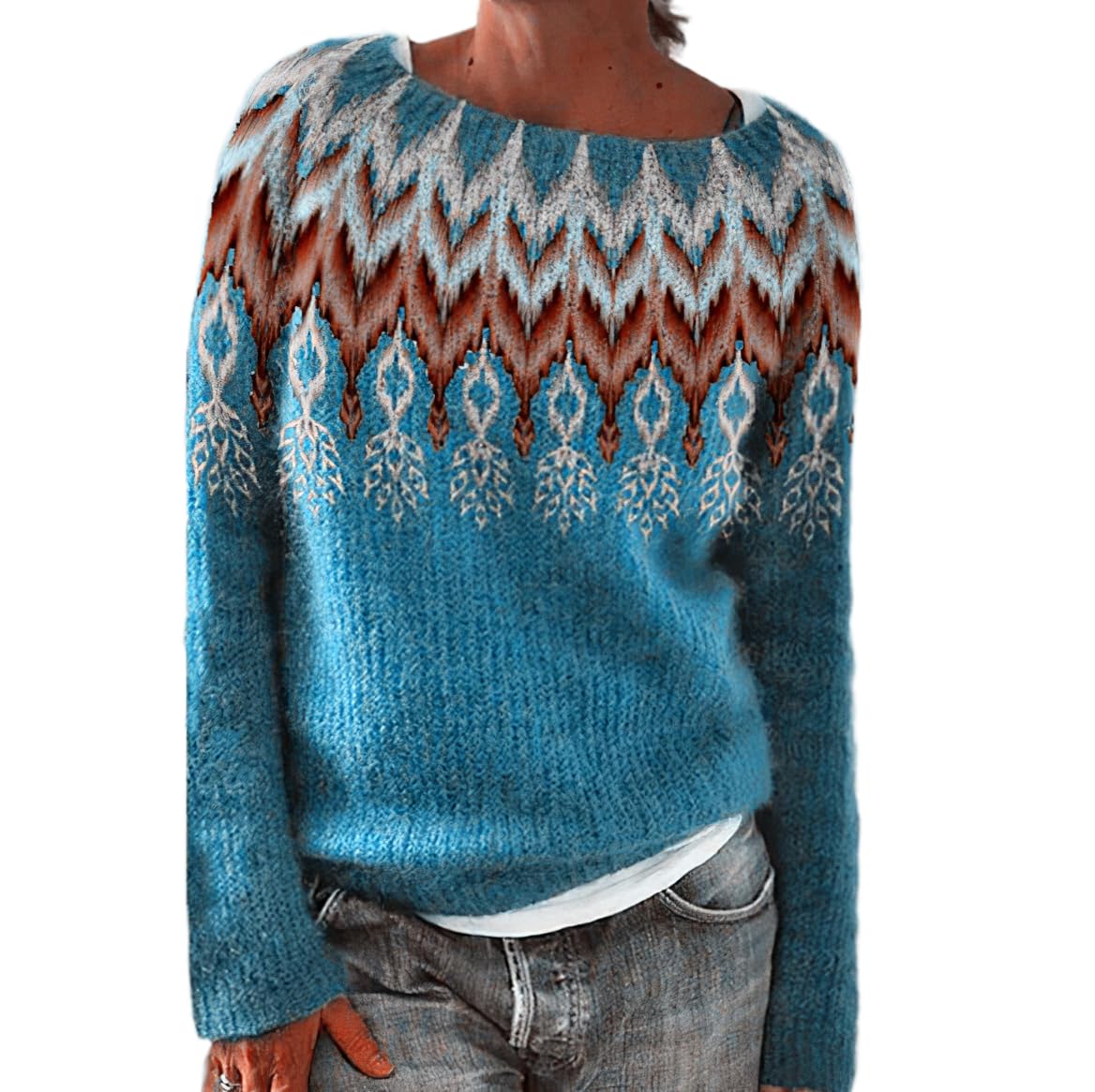 Women's Fair Isle Knit Pullover Sweater Oversized Casual Loose Crewneck Vintage Striped Long Sleeve Jumper Tops