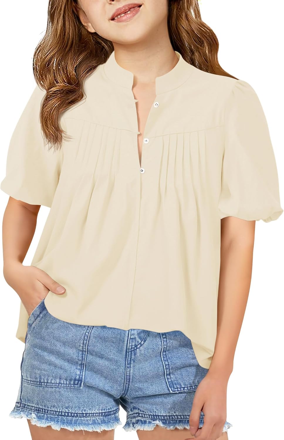 Girls Puff Short Sleeve Shirts Kids Casual Pleated Half Button Loose Blouse Summer Tops 5-14 Years