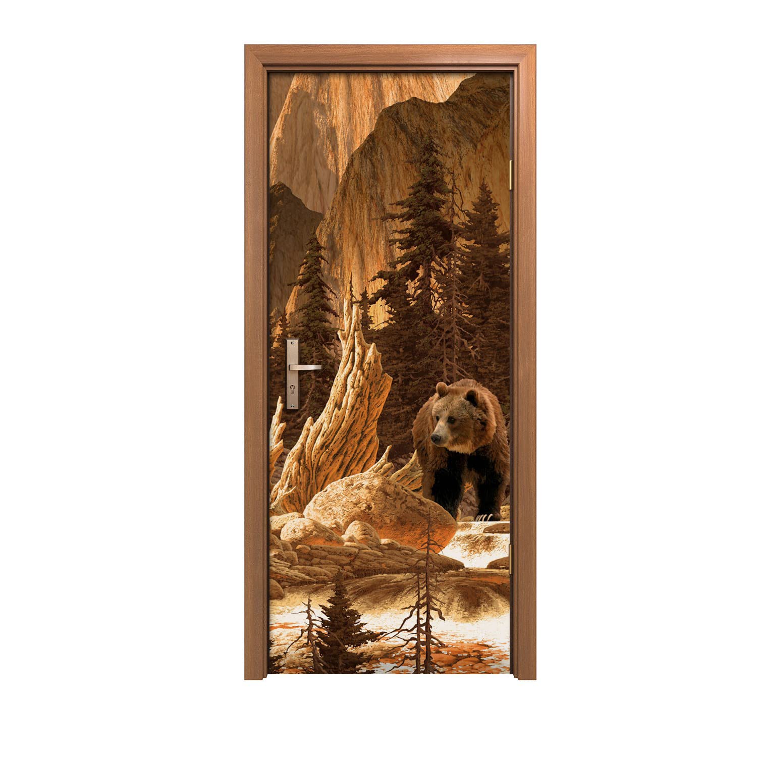 Autocollant de porte de chambre motif forêt et ours style chalet de montagne