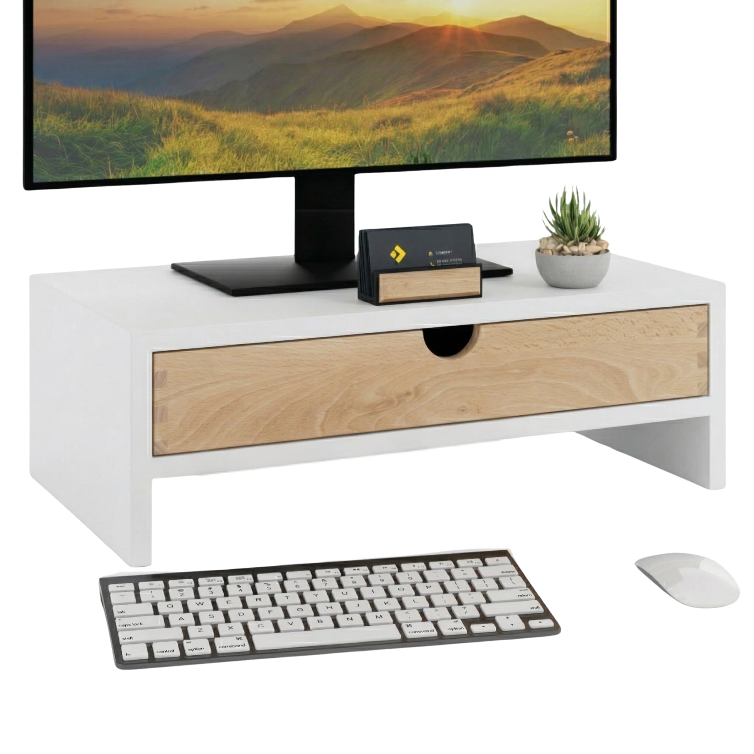 Support de Moniteur avec Tiroir, Blanc | Rehausseur écran Ergonomique en Bois, Support écran PC avec Tiroir, Universel pour Ordinateur Portable ou Écran