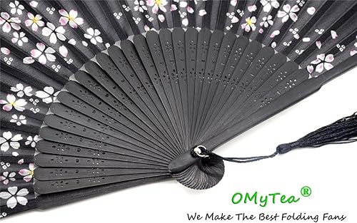 Miniatura 4 de OMyTea Ventilador plegable de mano para mujer, estilo retro vintage chinojaponés, con una funda de tela para protección (Little Sakura)