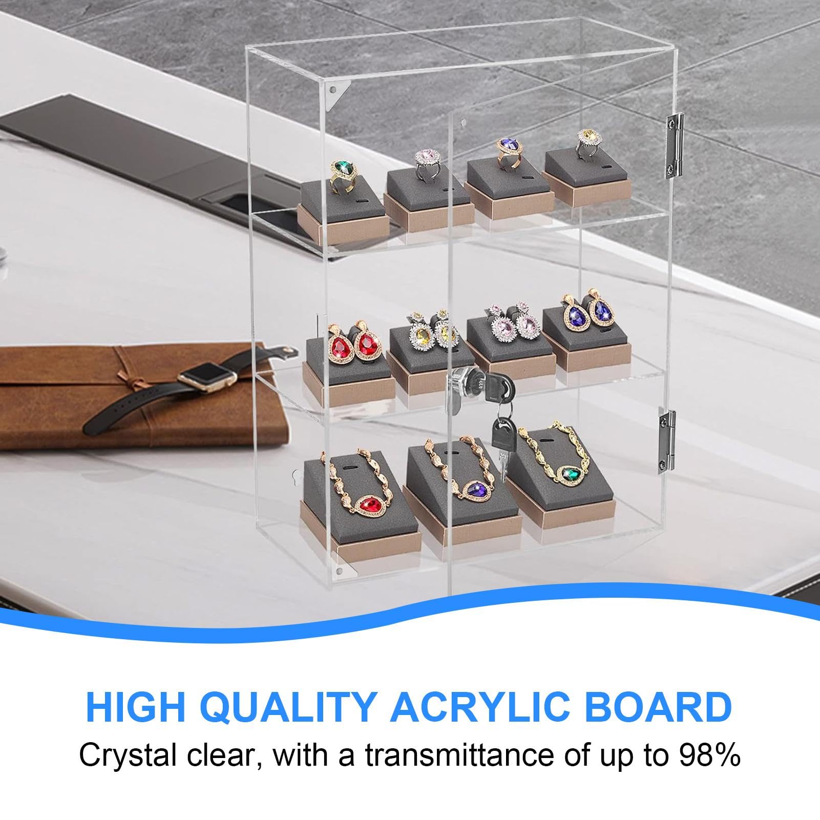 Display Storage Case with Shelves,3-Tier Showcase Clear Acrylic Countertop Cabinet with Lock Key | Acrylic Locking Shelf Organization for Collectibles, Crystals, Toys, Souvenirs, Books