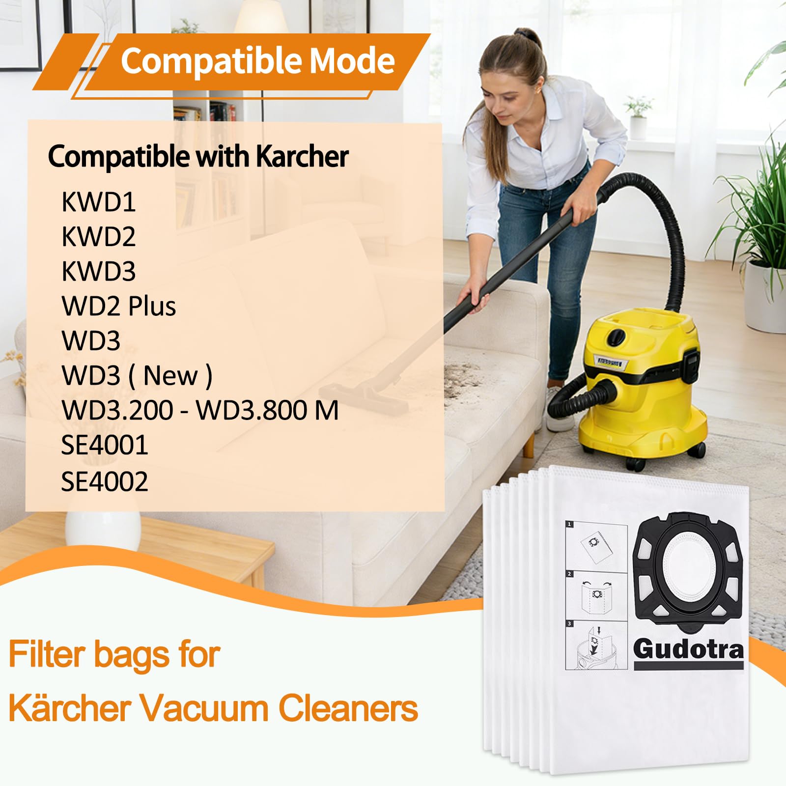 Gudotra 10 Bolsas de Repuesto para Aspiradora WD3 Compatibles con Kärcher WD2Plus WD2 WD3 KWD 1 KWD 2 KWD 3 MV 3 WD 3.200-WD 3.800 M SE 4001 SE 4002, Repuesto 2.863-314.0 KFI 357 Bolsa de Aspiradora