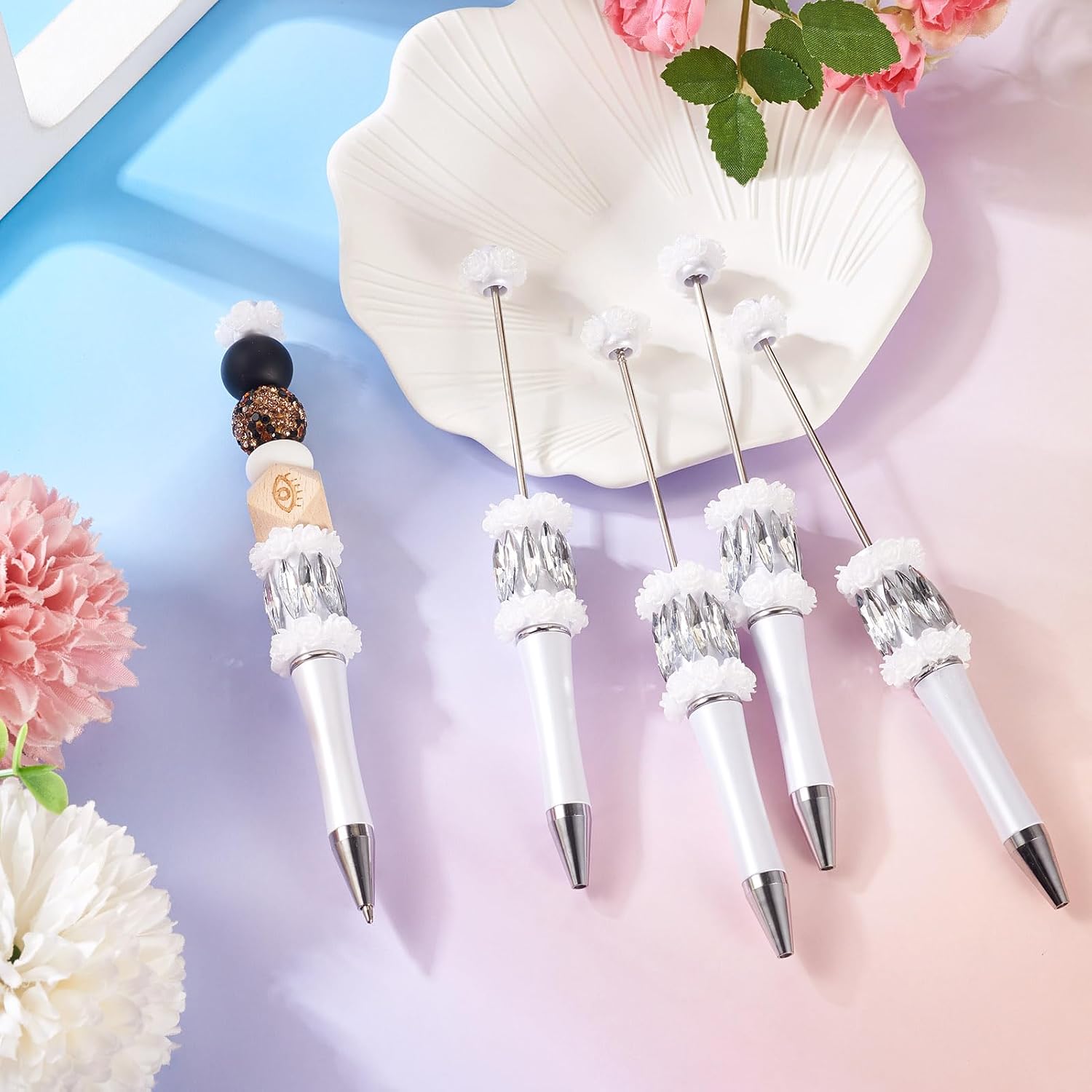 KISSITTY 5pcs Beadable Pens Bulk Flower Ballpoint DIY Crafting Pens Silver Color Personalized Bead Pens with Black Ink for Wedding Graduation Party Gift Office Supplies image 2