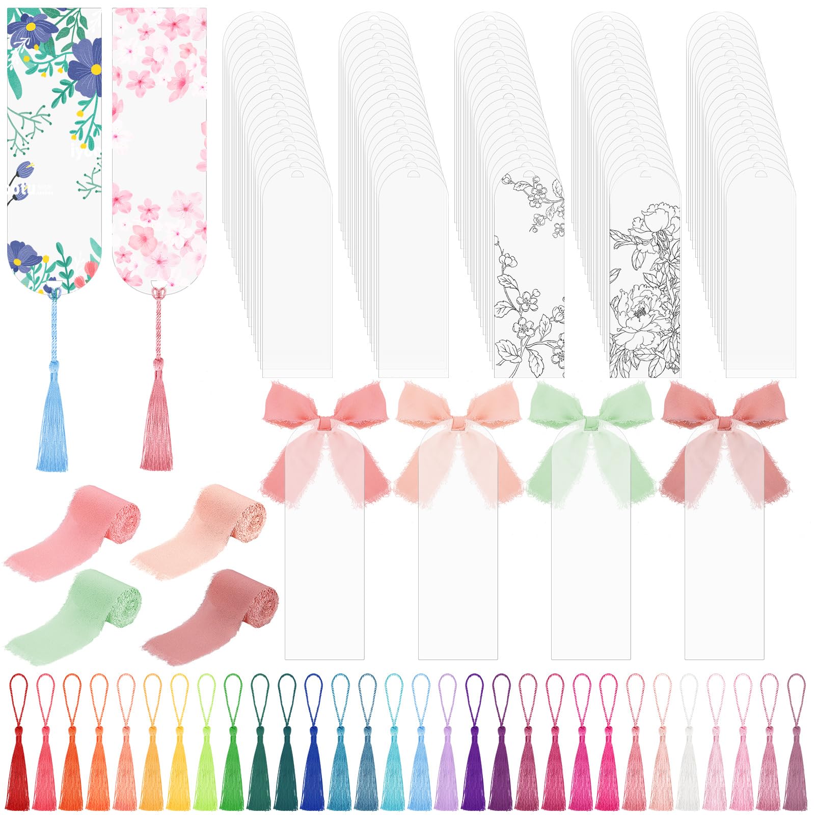 100 Pieces Acrylic Bookmark Blanks, Clear Acrylic Bookmarks with 30 Pieces Tassels and 4 Rolls Chiffon Silk Ribbon, Transparent DIY Bookmarks for Book