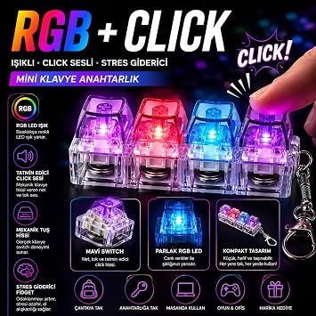 Talky Işıklı Mini Klavye Anahtarlık, Click Sesli Mekanik Switch Fidget Oyuncak,RGB LED Işıklı Stres Giderici