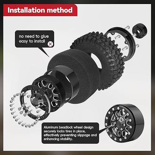 Miniatura 6 de Juego de ruedas y neumáticos Beadlock de aluminio de alto agarre 1.9 para Traxxas TRX-4 Axial SCX10 Capra RC4WD Redcat Gen8 escala 110 RC Crawler