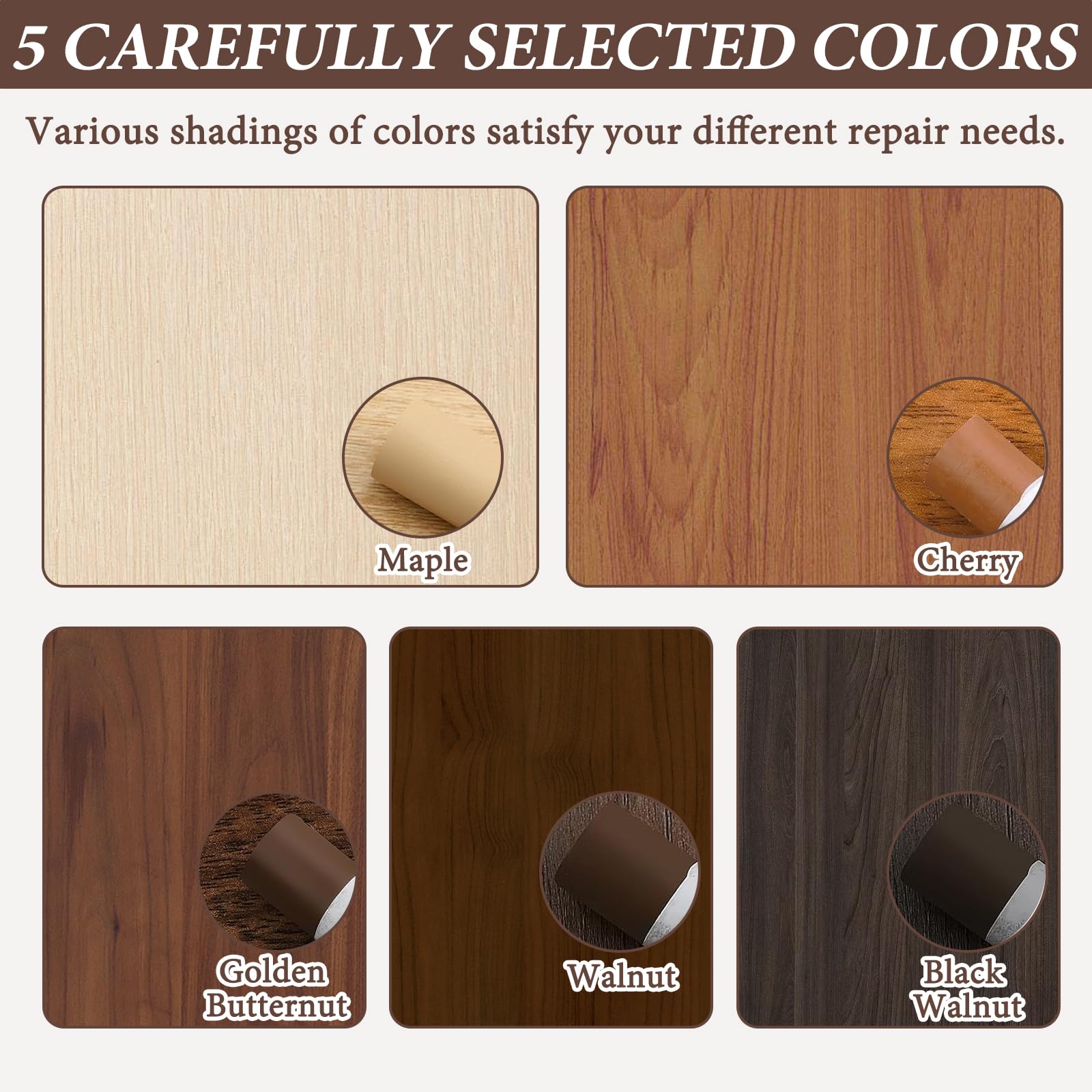5Pcs Wax Filler Wood Repair Sticks Laminate Worktop Repair Kit Laminate Floor Light to Dark Brown for Wooden Furniture Laminate Flooring Table Door Guitar Scratches Holes Stains with 1 Scraper - Image 3