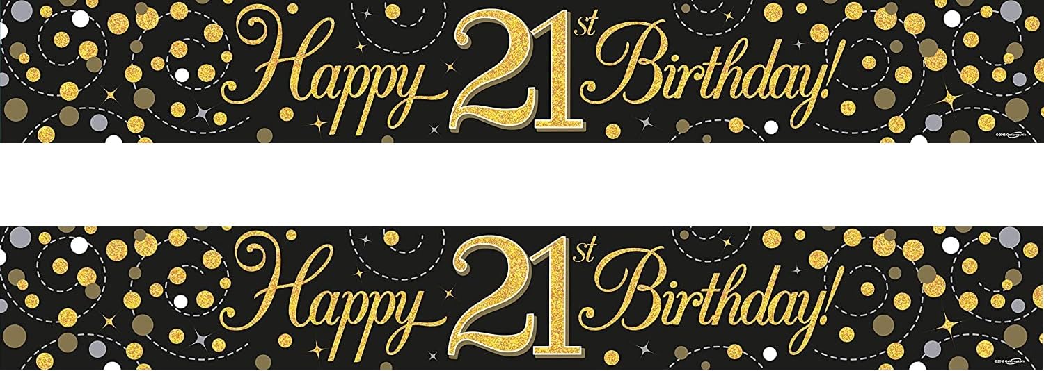 Pack of 2 Happy 21st Birthday Black and Gold Birthday Party Foil Banner Pennant (Black & Gold, Age 21)