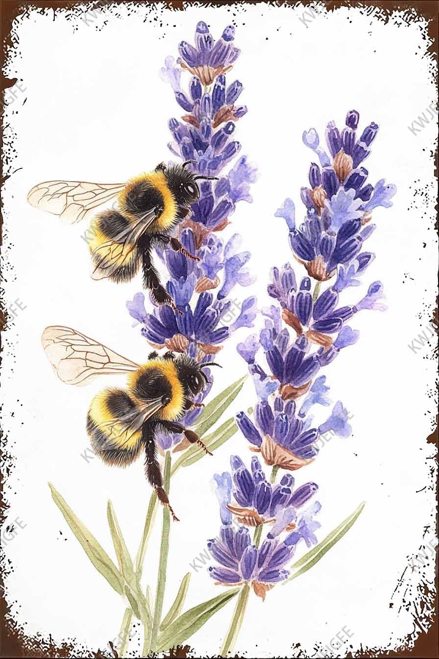 Watercolor Art Bumblebees Lavender Metal Tin Sign – Nature Wall Decor for Garden Shed Kitchen Wall Sunroom Decor Nature Lovers Gift 12x16 Inch