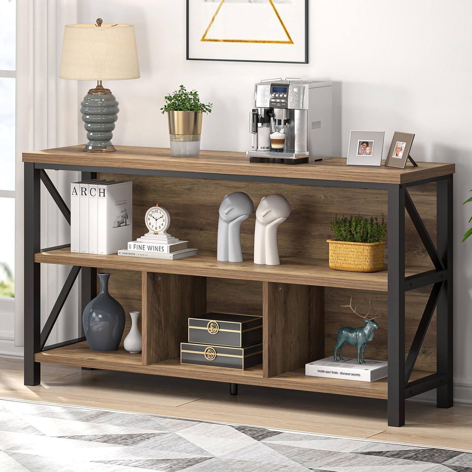 EXCEFUR Rustic Oak 47 Inch Horizontal Bookshelf, Industrial Metal & Wood Bookcase, 4 Cube Storage Organizer for Living Room Home Office, Low Wide Book Shelf for Display