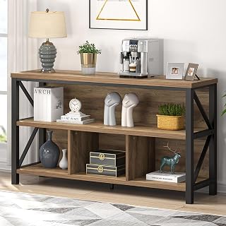 EXCEFUR Rustic Oak 47 Inch Horizontal Bookshelf, Industrial Metal & Wood Bookcase, 4 Cube Storage Organizer for Living Room Home Office, Low Wide Book Shelf for Display