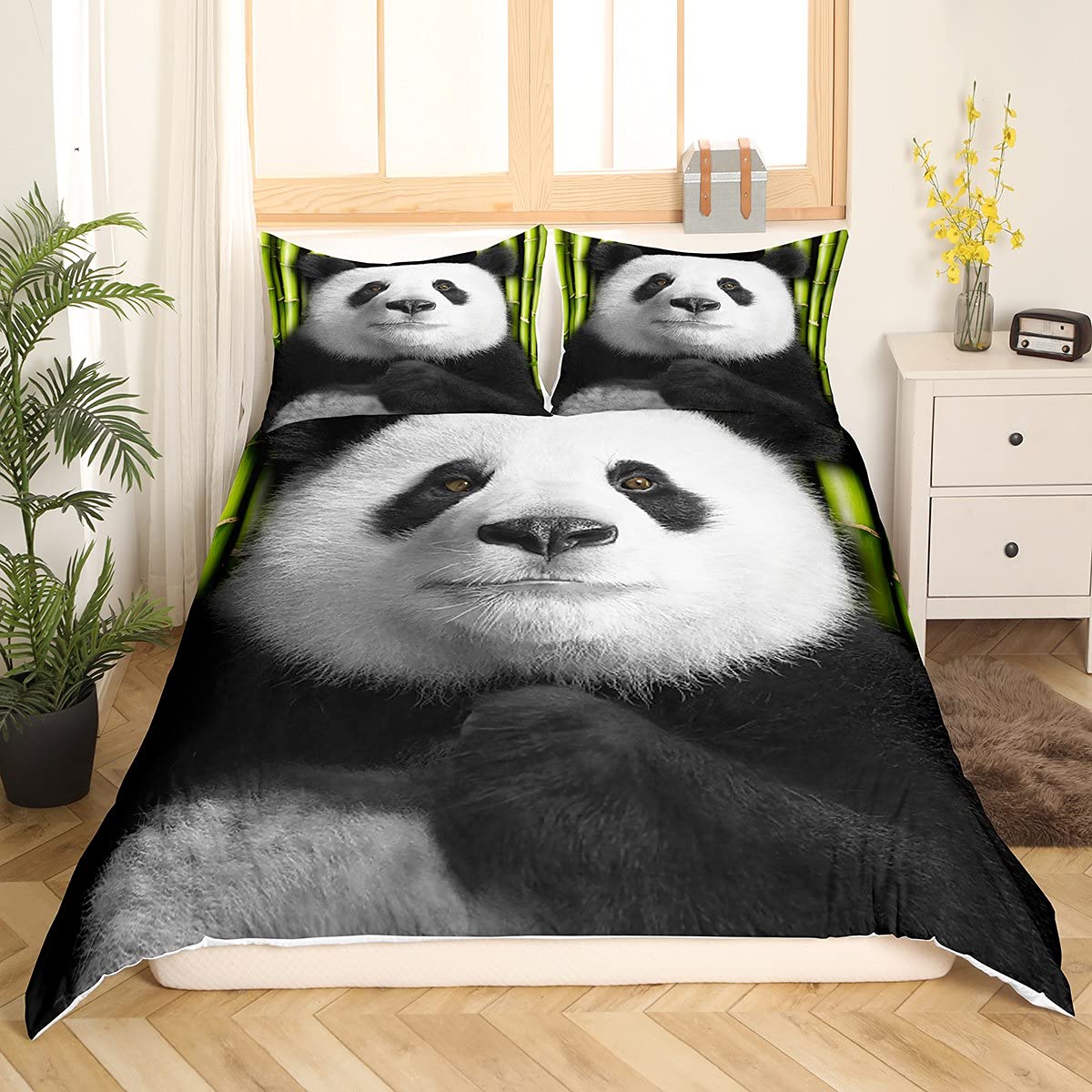 Homewish Kids King Size Panda Duvet Cover Sets Cute Animal Theme Comforter Cover Panda Bamboo Duvet Cover 3D Black White Panda Bedding Set Soft Microfiber Quilt Cover Breathable Bedroom Decor — image 1
