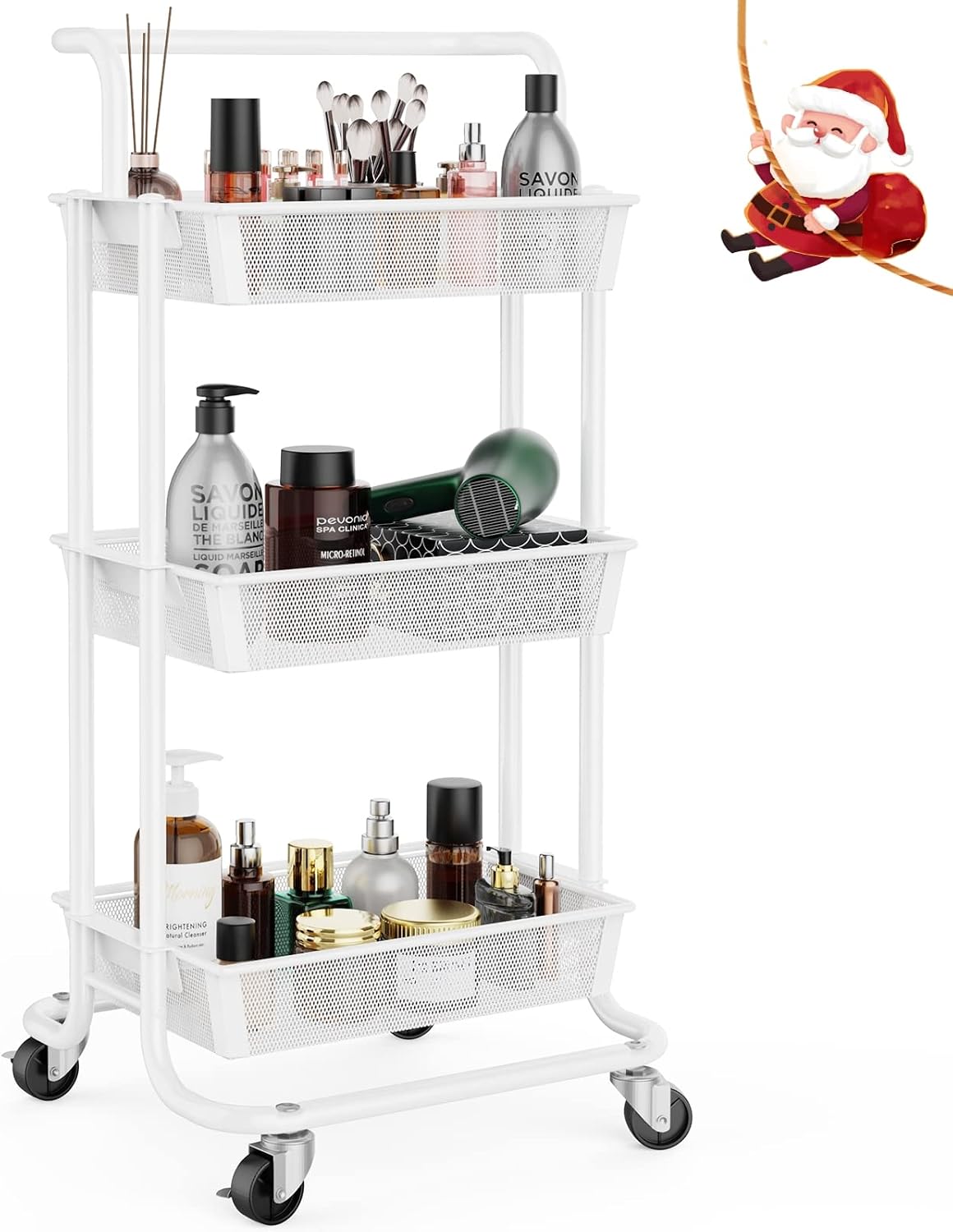 Greensen 3 Tier Rolling Cart, All-Metal Bathroom Storage Organizer Cart with Wheels, Heavy Duty Utility Cart with Removable Handles, Easy Assembly Makeup Cart (White)