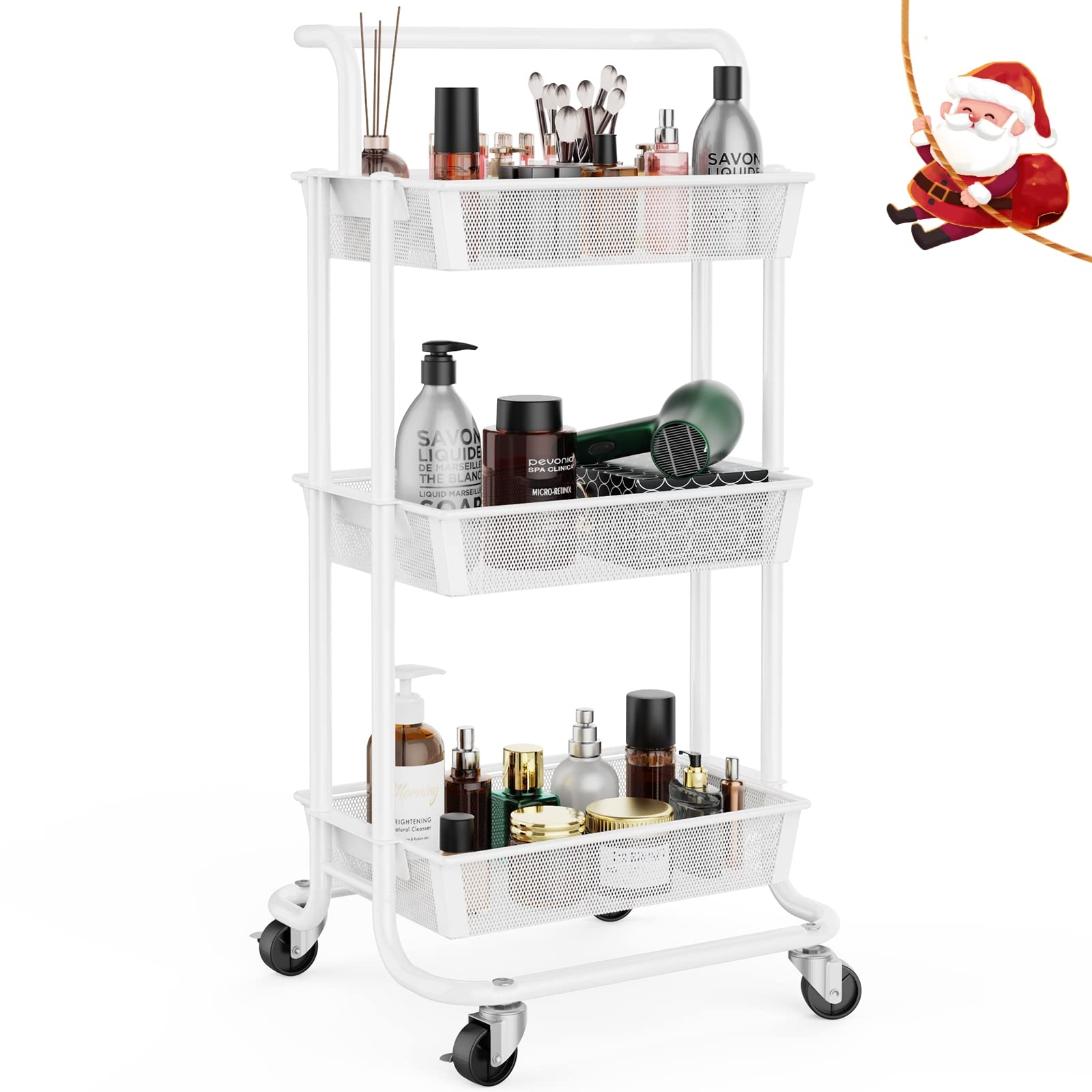 Greensen 3 Tier Rolling Cart, All-Metal Bathroom Storage Organizer Cart with Wheels, Heavy Duty Utility Cart with Removable Handles, Easy Assembly Makeup Cart (White)