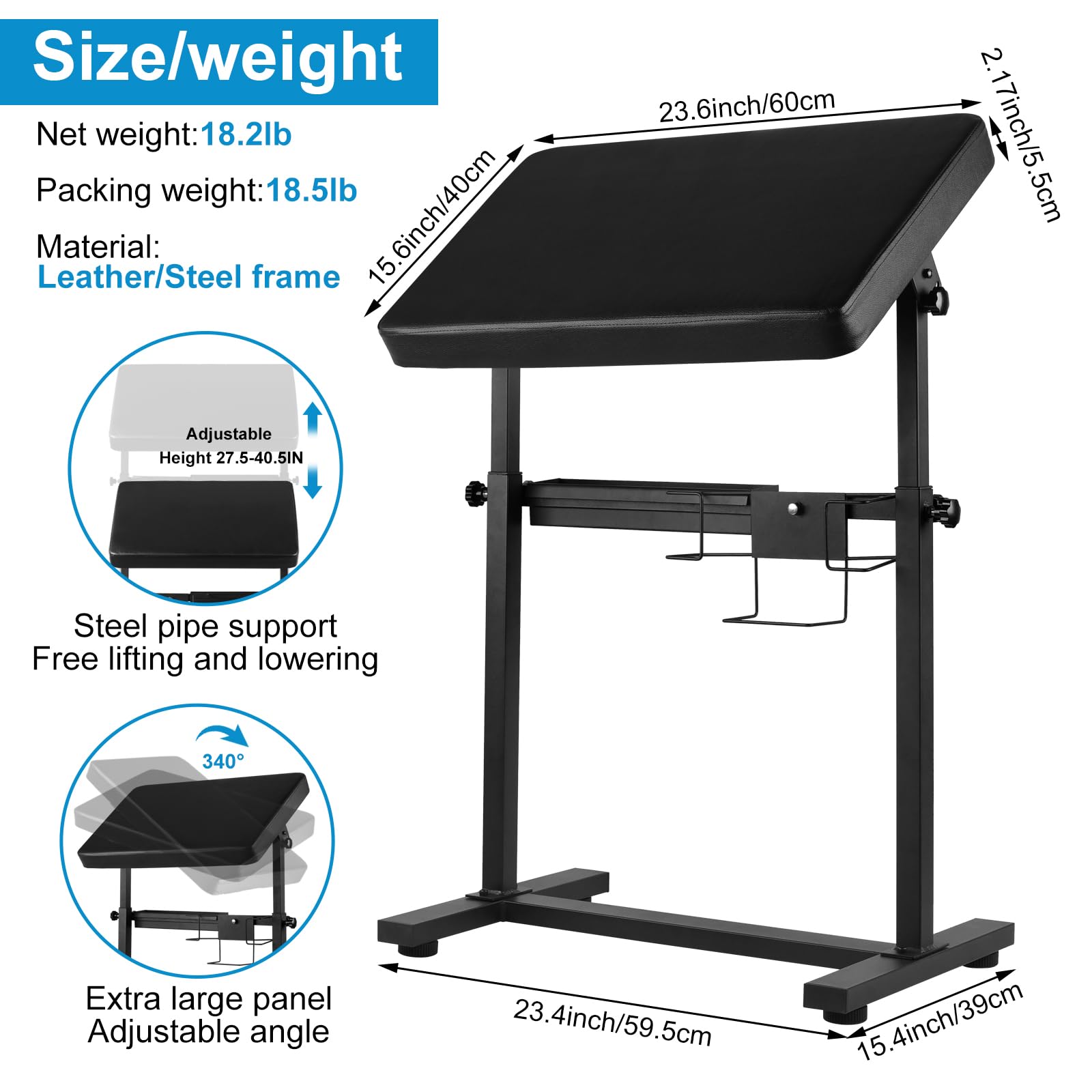 Tattoo Arm Rest Stand, Large Armrest Tattoo with Rack and Storage Compartment, Tattoo Armrest Stand with PU Leather Soft Sponge Pad, Adjustable Height & Angle for Tattoo Supplies