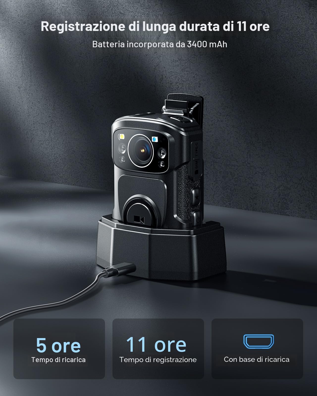 BOBLOV B4K5 128GB 4K Bodycam Polizia professionale, 3400mAh IP68 impermeabile GPS Police Body Cam per 11 ore di registrazione video, fornisce dock di ricarica, Fotocamere montate sul corpo