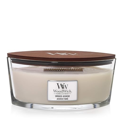 Ellipsenförmige WoodWick Duftkerze mit knisterndem Docht, Smoked Jasmine, bis zu 50 Stunden Brenndauer