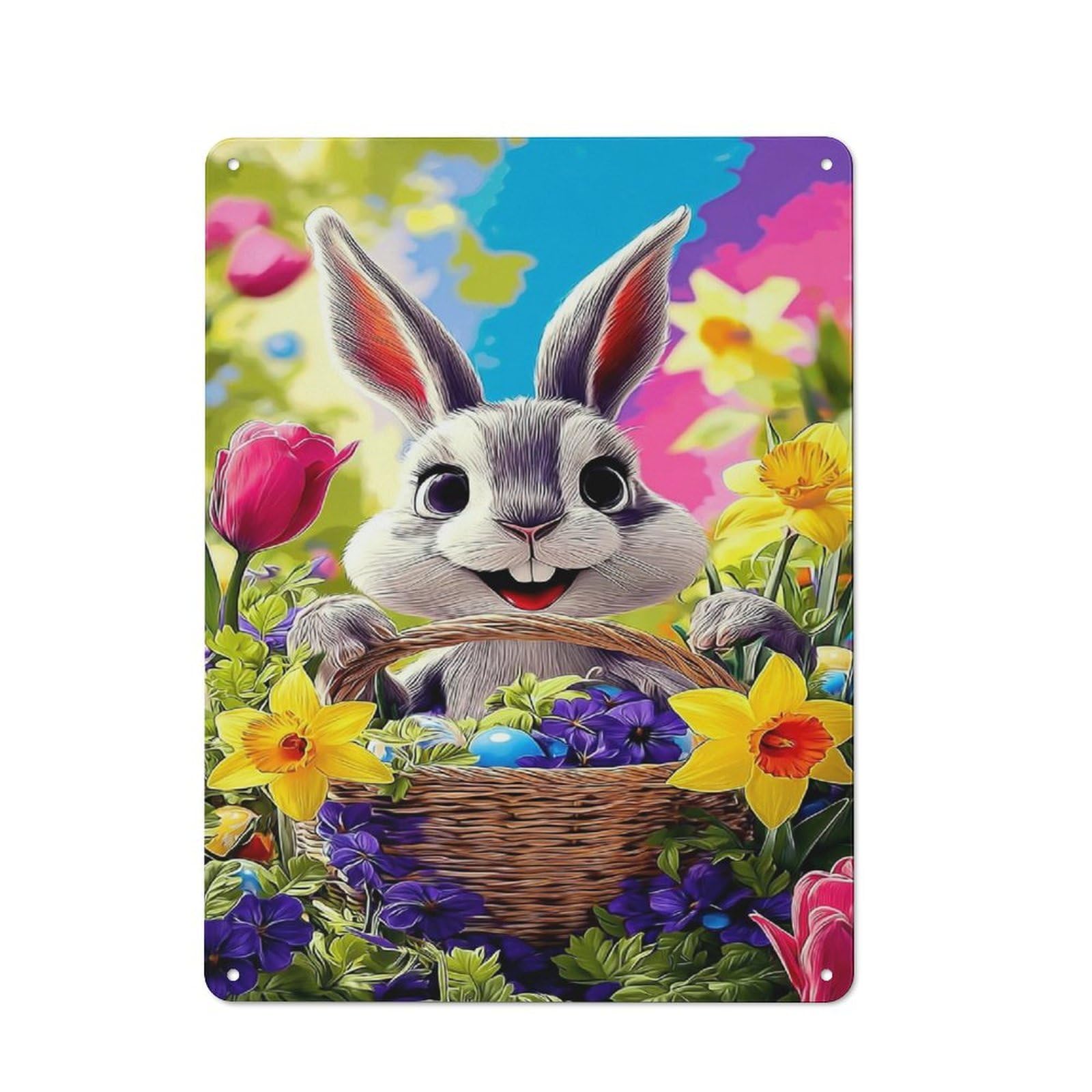 Junmoney Spring Bunny With Basket Of Flowers Tin Wall Plaque 40X30cm With For Garage Or Workshop, For Living Room, Hallway And Entrance Wall Decor