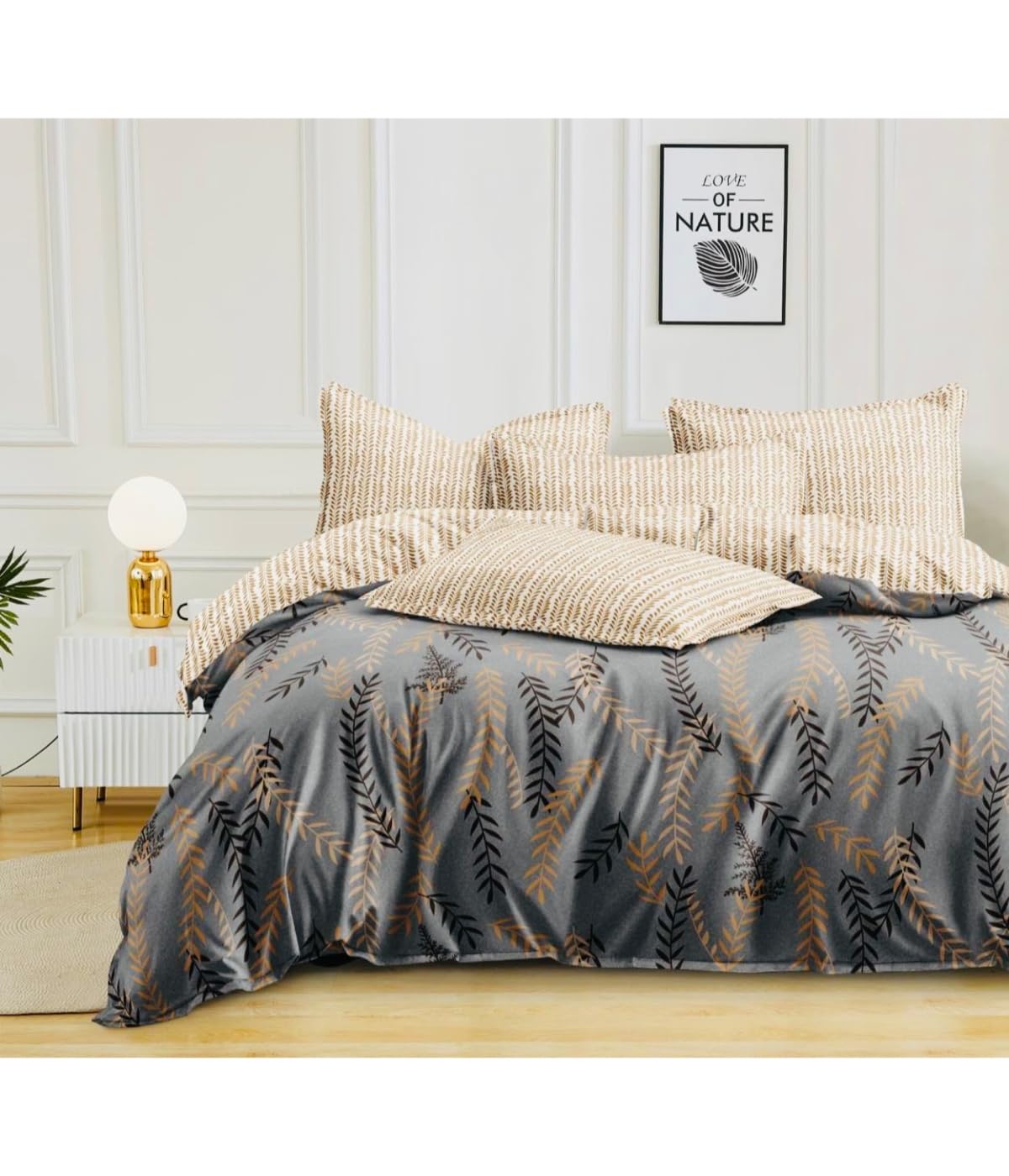 New Reversible Double Bed Comforter/Bedding Set, 1 Double Comforter (90x100 inch), 1 Double Bedsheet Bedsheet (90x100 inch), 2 Pillow Covers (46 x 68 Cms) (Grey Brown Leaf)-image-1