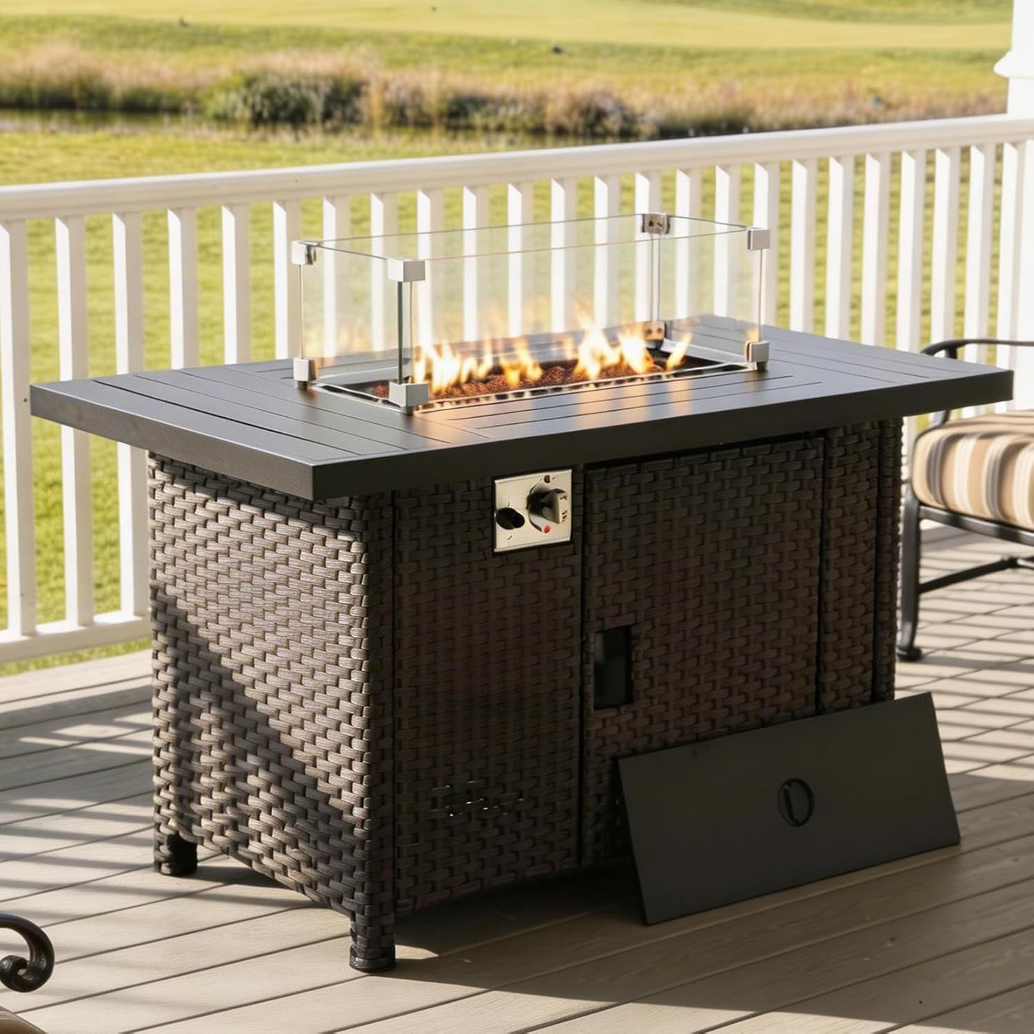 Fire Pit Table 46 Inch Outdoor Propane Gas Fire Pit Table 55,000 BTU with Glass Wind Guard, Wicker Rattan Firepit Table for Patio Garden Backyard